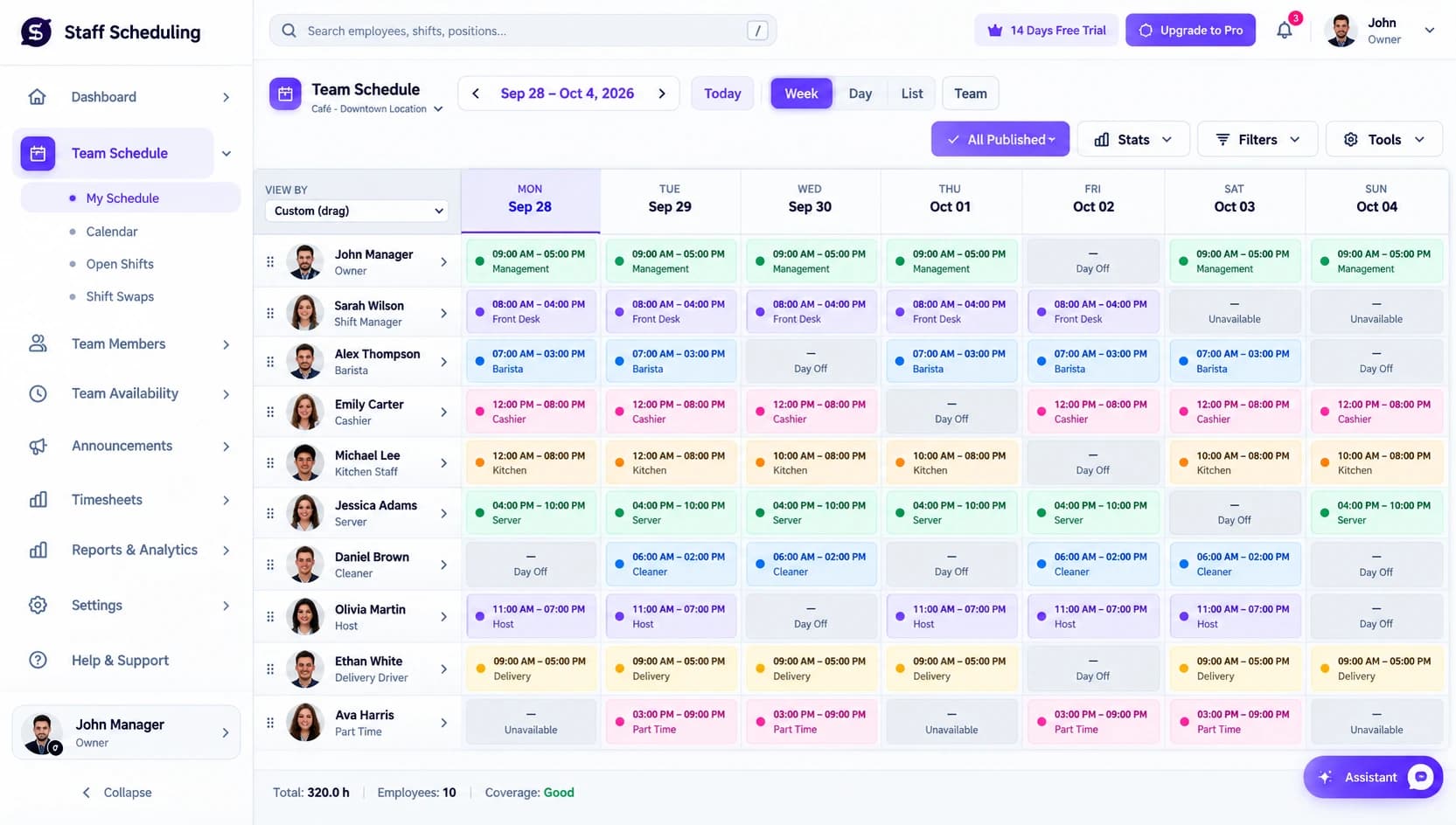 Staff Scheduling team schedule dashboard showing a weekly shift grid for 10 employees