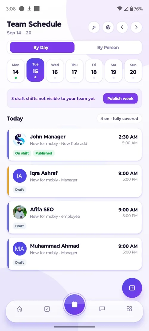 Staff Scheduling mobile app showing the day's team schedule