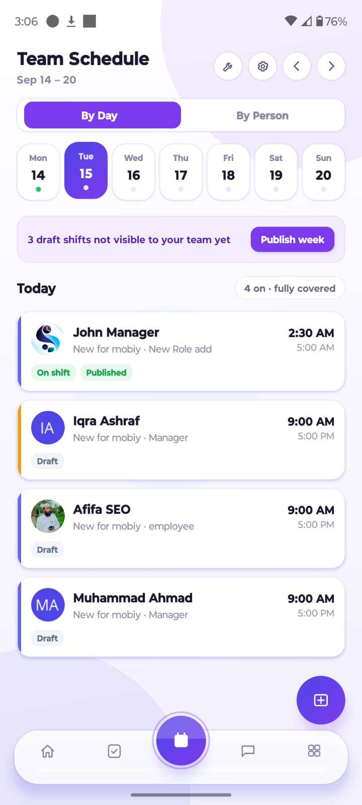 Staff Scheduling mobile app screen