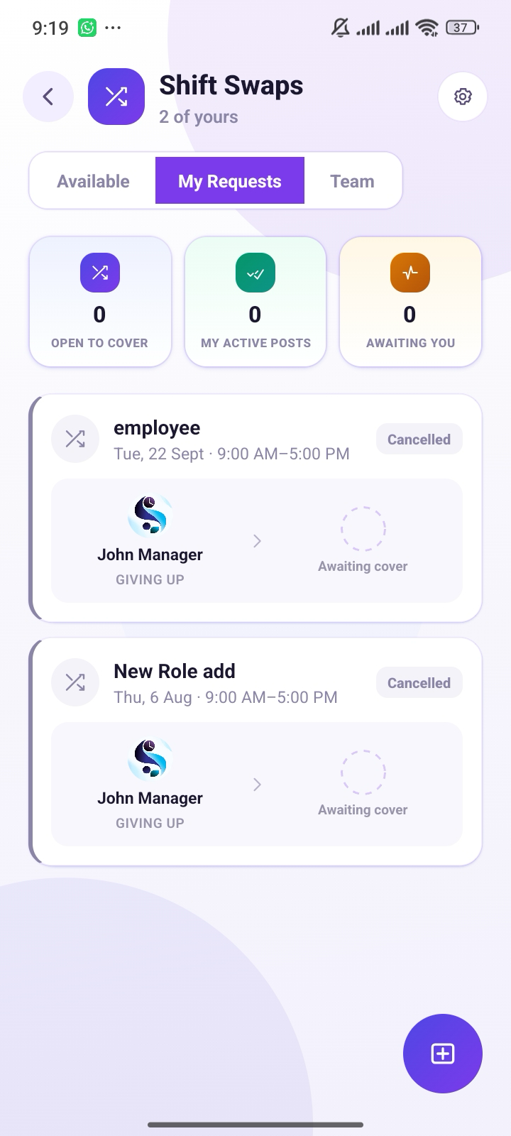 Staff Scheduling mobile app screen